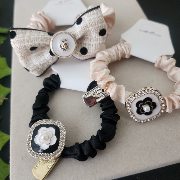 Set of 3 Satin Hair Ties Tweed Bow Camellia Flower New - Picture 1 of 5